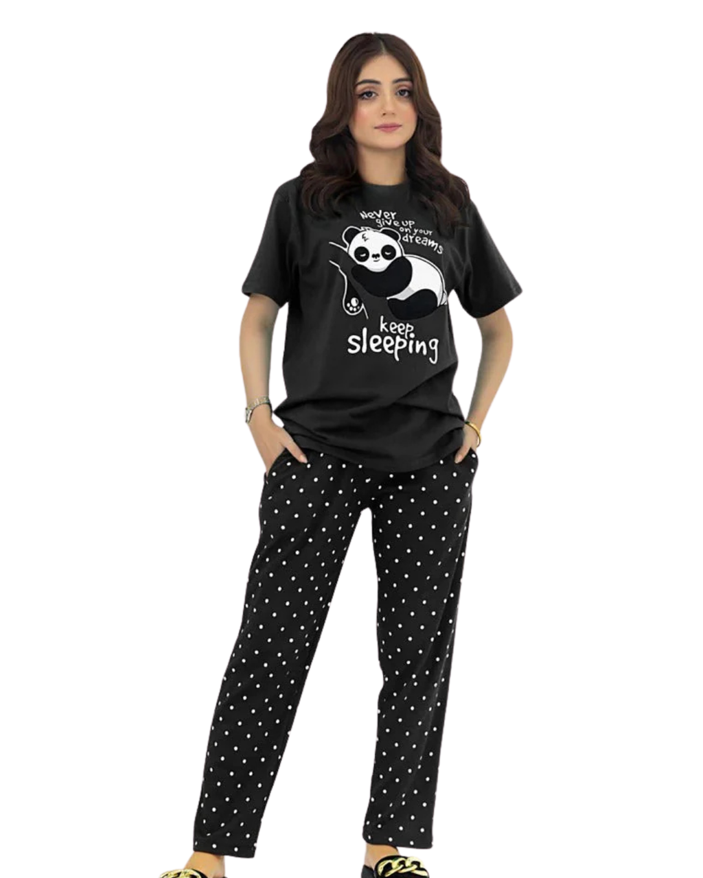 Black Never Give Up Printed Night Suit