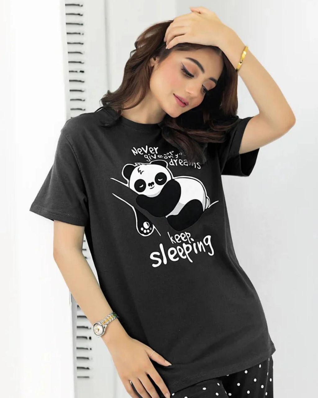 Black Never Give Up Printed Night Suit