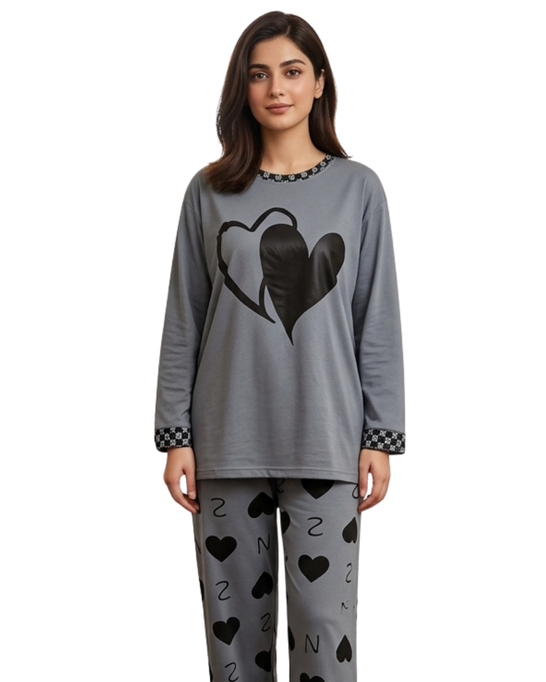 Grey Double Heart Full Sleeve Printed Night Suits