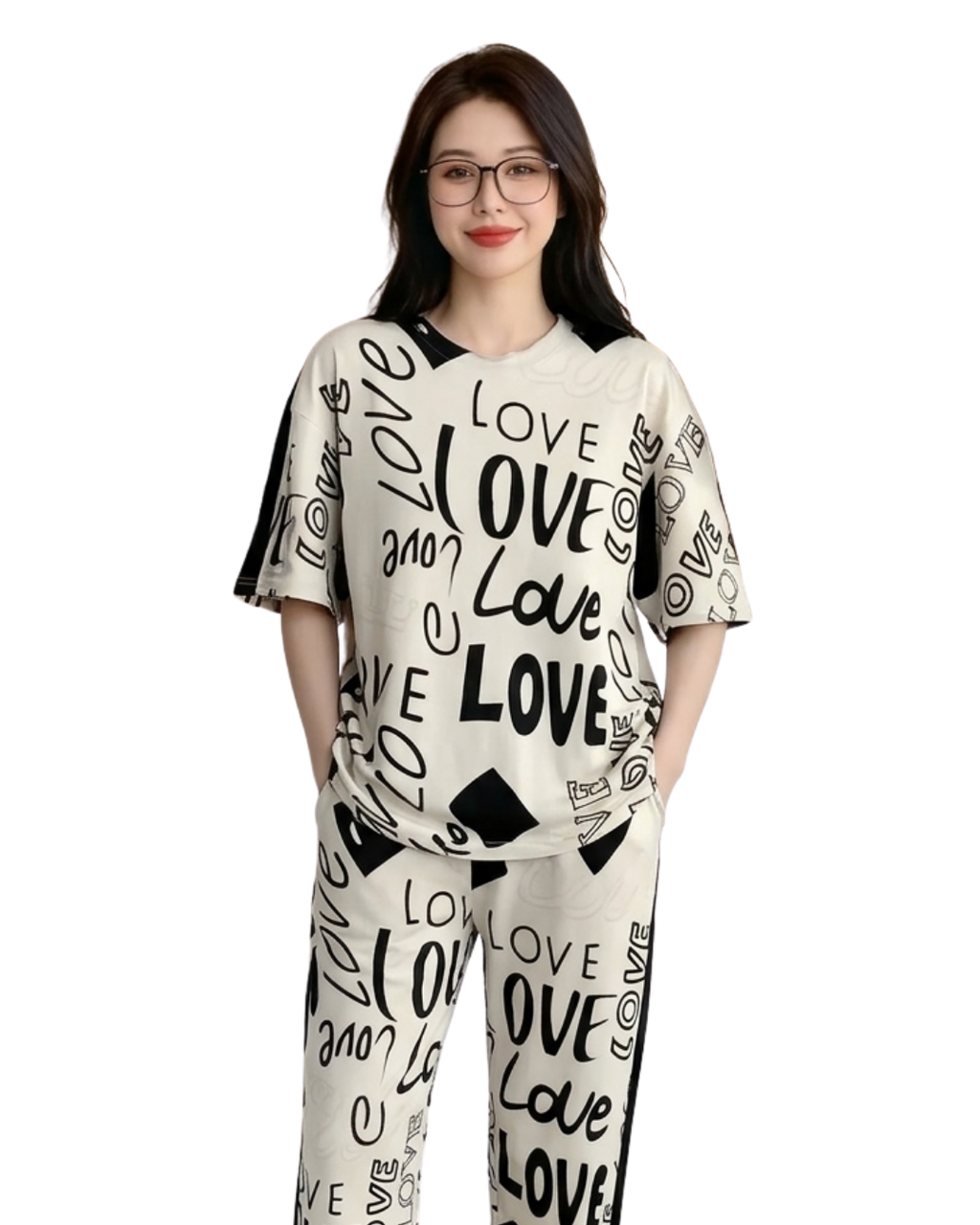 Biege Love Printed  Night Suit