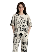 Biege Love Printed  Night Suit
