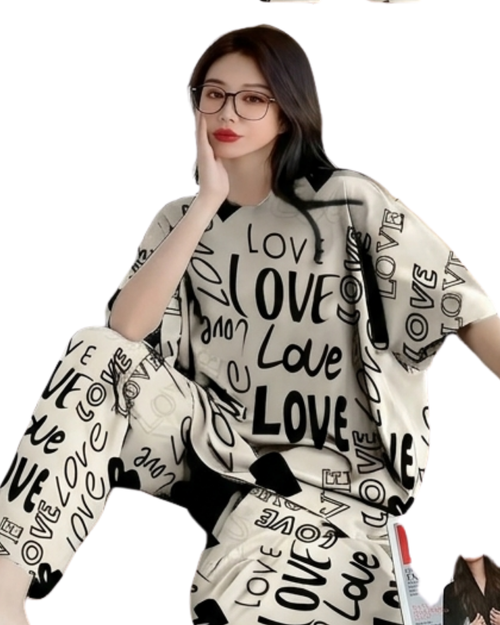 Biege Love Printed  Night Suit