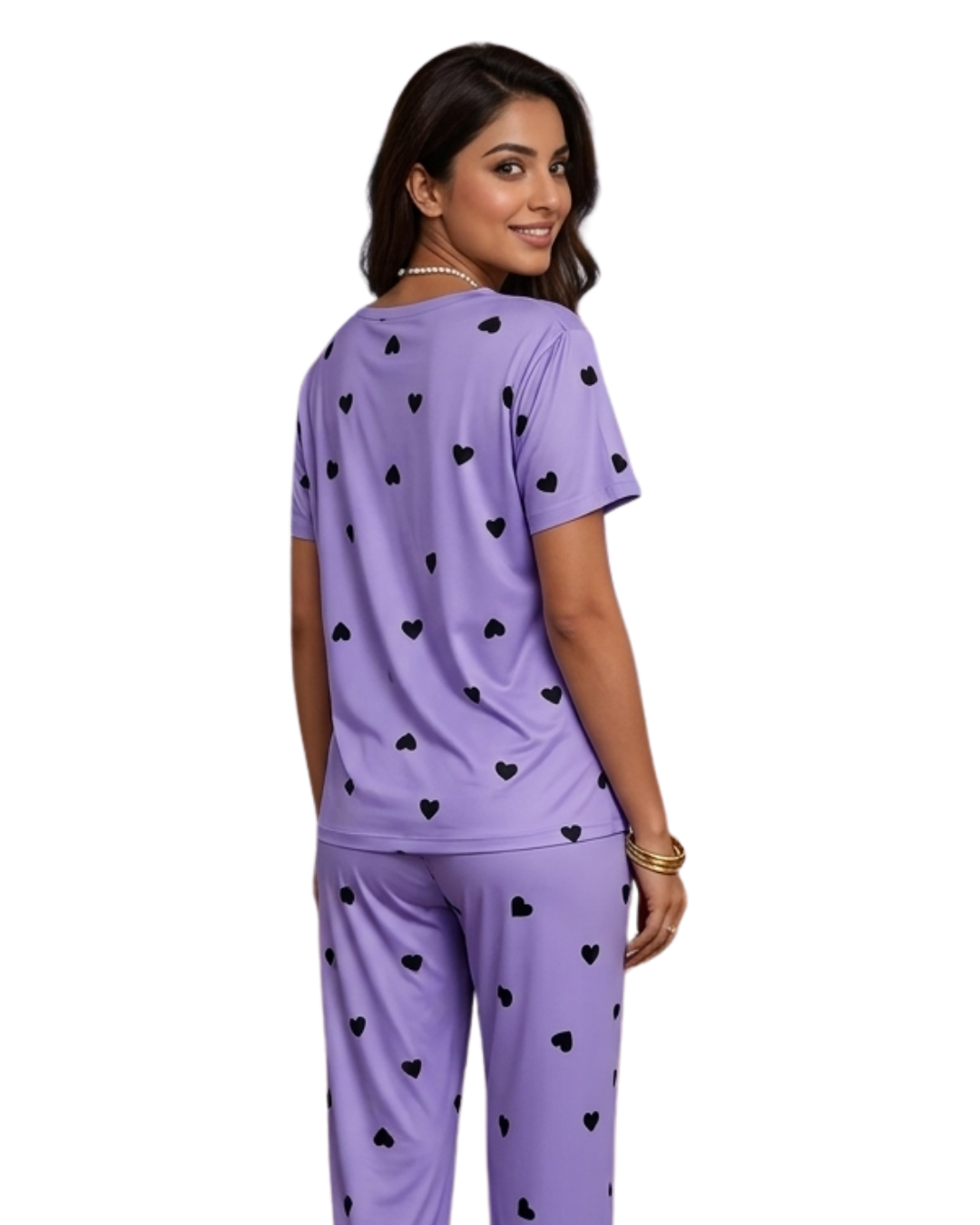 Purple Black Multi Heart Printed Night Suit