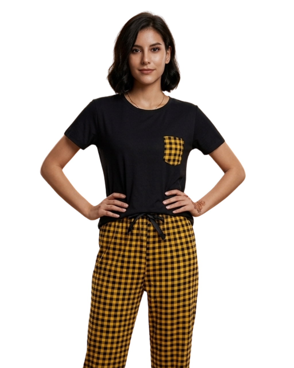 Yellow and Black Check Pocket Printed Night Suit