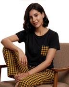 Yellow and Black Check Pocket Printed Night Suit