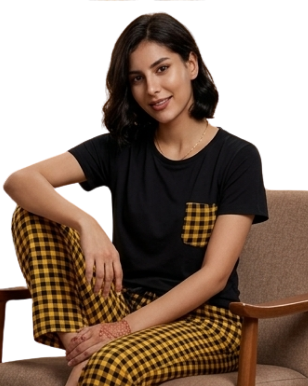 Yellow and Black Check Pocket Printed Night Suit